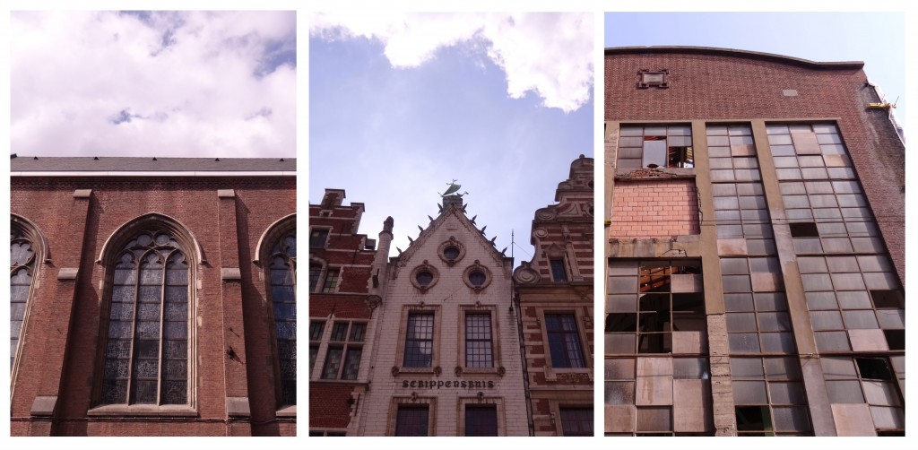 Façades de maisons, entrepôt et église à Louvain