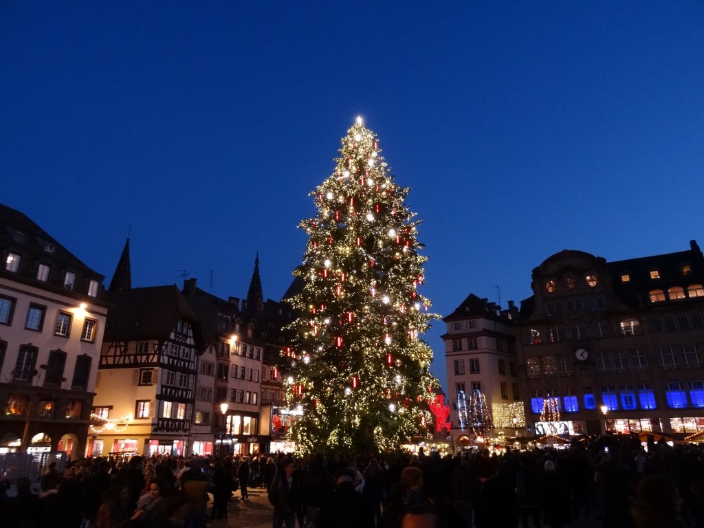 Sapin de Noël de nuit, à la place Kléber à Strasbourg